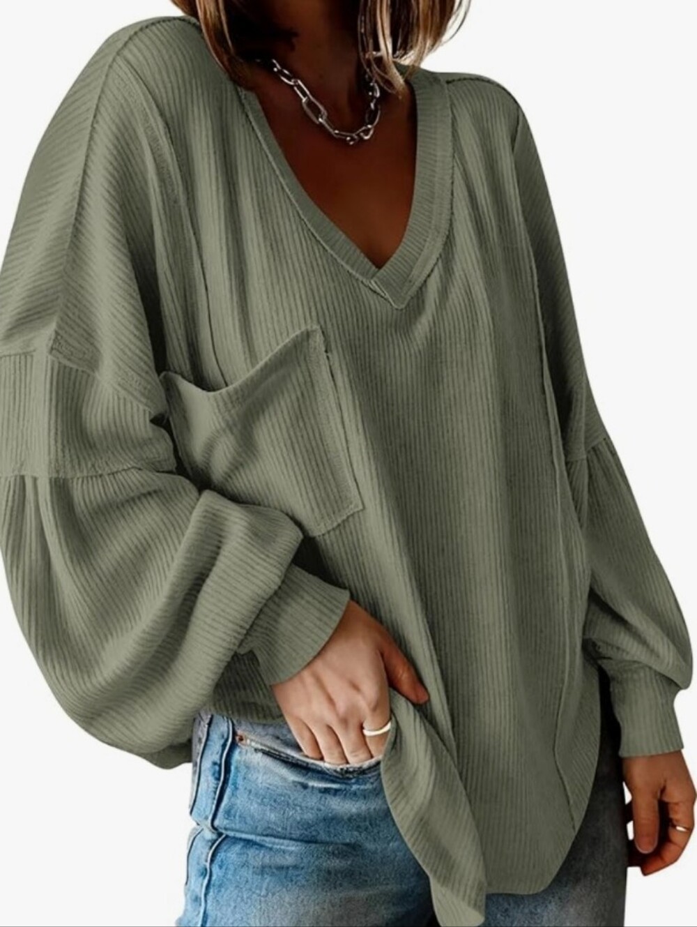 Sage Green Waffle Knit Lantern Sleeve 🍂 V-Neck Top (Large) BFTBM